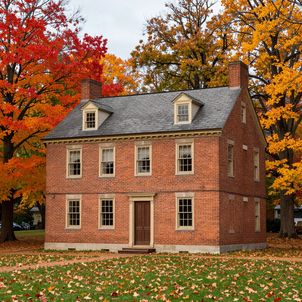 Brick colonial house with gray roof and red-orange autumn trees in the background and fallen leaves on the lawn