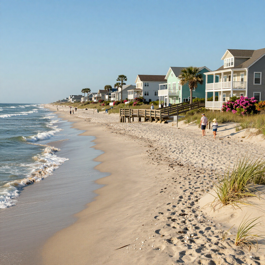 Sunny beach with ocean waves, sandy shore, seaside homes, and two people walking near the water