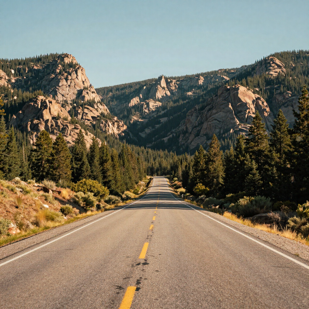 Empty road through a pine forest toward rocky mountains under a clear sky