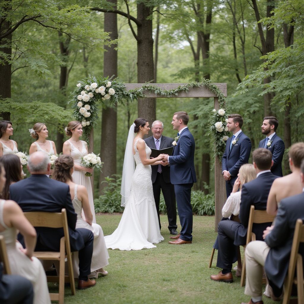 Outdoor wedding ceremony under a floral arch, with the couple exchanging vows in a wooded garden.
