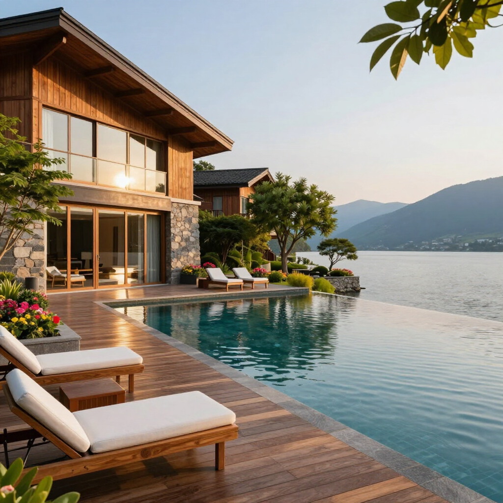 Luxury villa with infinity pool, wooden deck loungers, and lake and mountain views at sunset