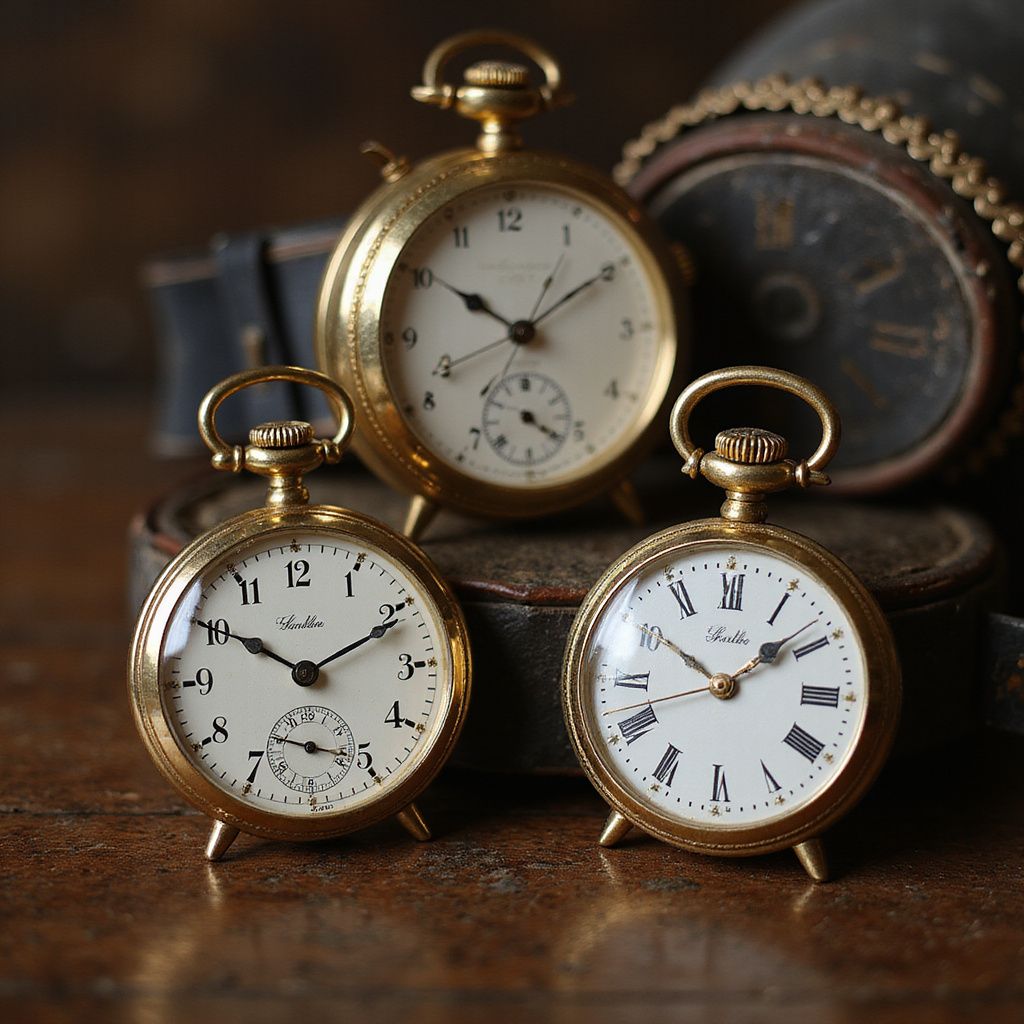 Three vintage gold pocket watches displayed on a wooden surface