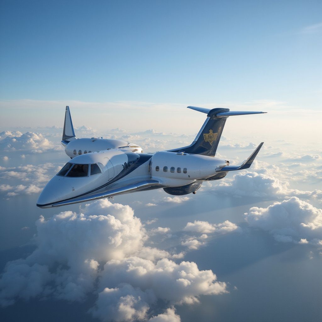 White private jet flying above clouds in a clear blue sky