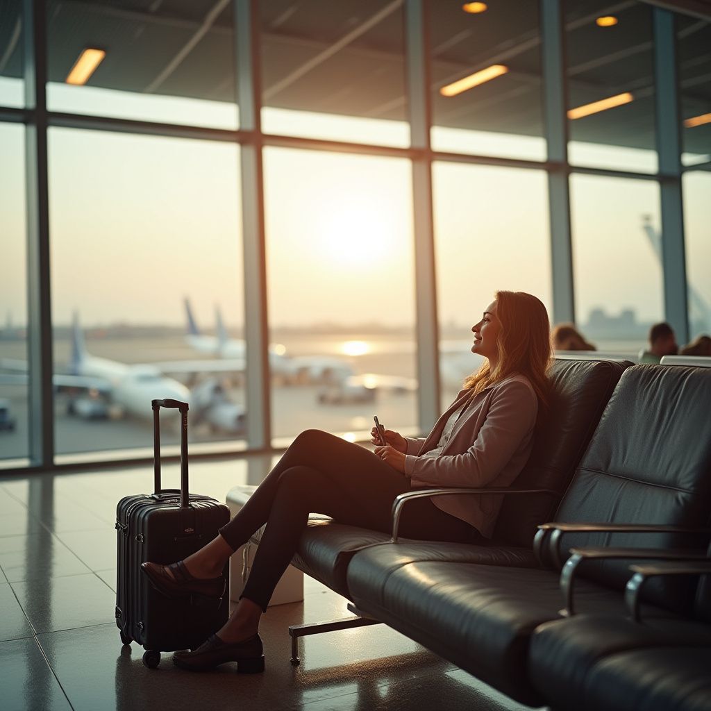 Traveler seated with luggage at an airport terminal, gazing at the sunset through large windows.