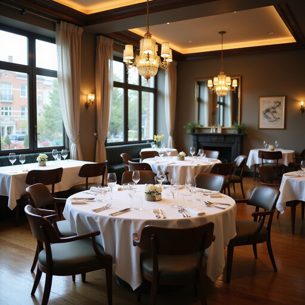 Elegant restaurant dining room with round white-clothed tables, dark wood chairs, chandeliers, and large windows