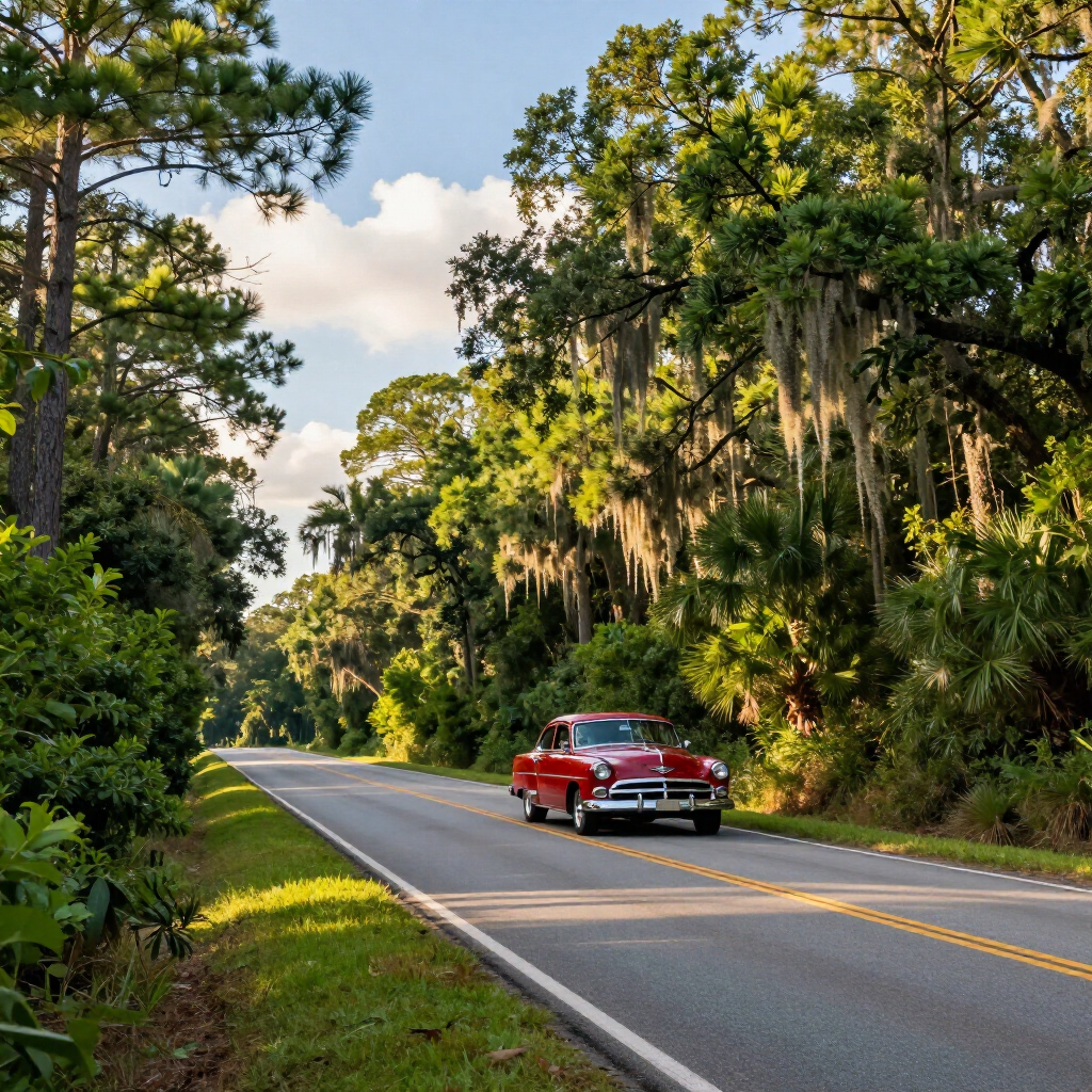 Red classic car driving on a winding road through a green, mossy forest