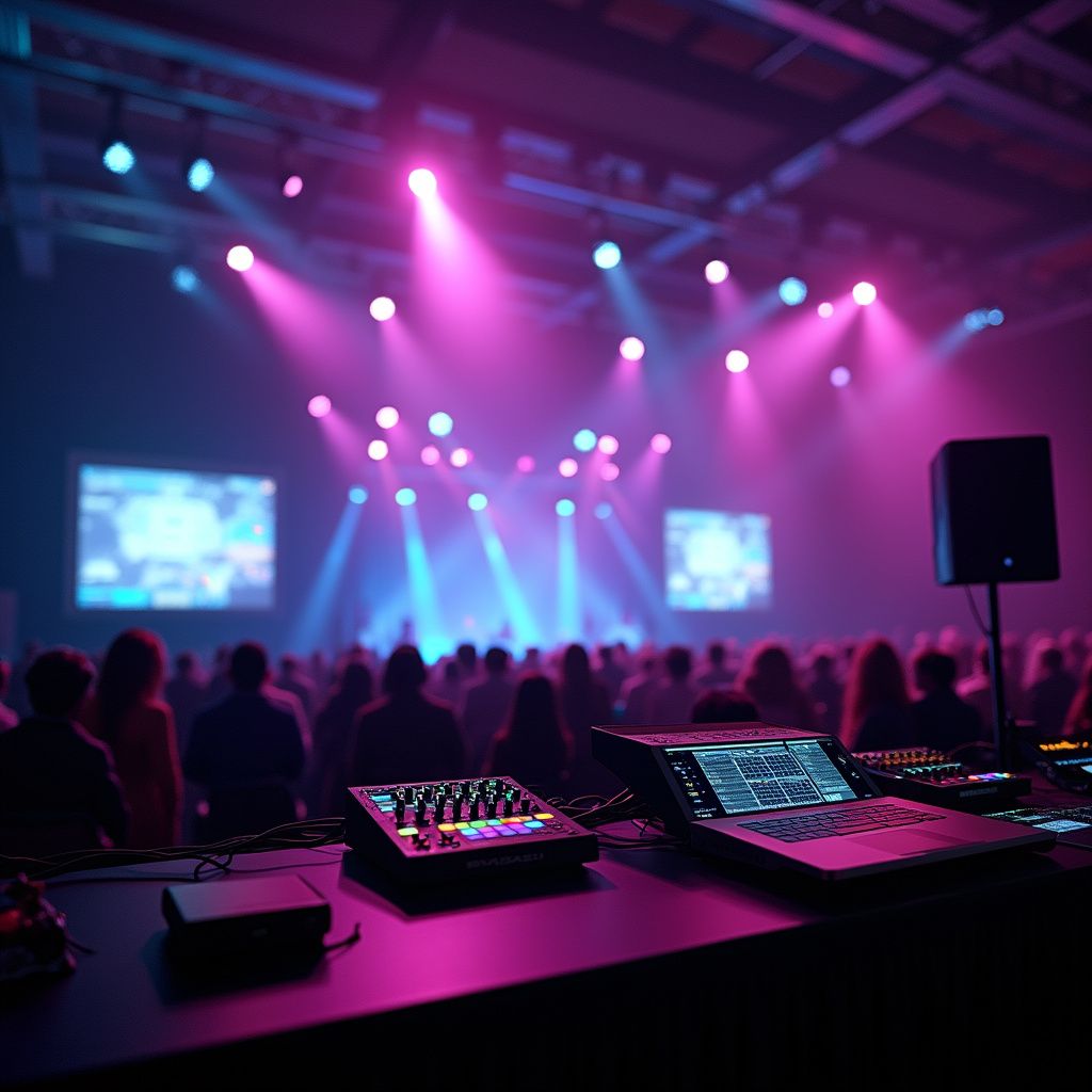 Concert stage with pink and blue lights, sound mixers in foreground, and crowd silhouettes watching screens