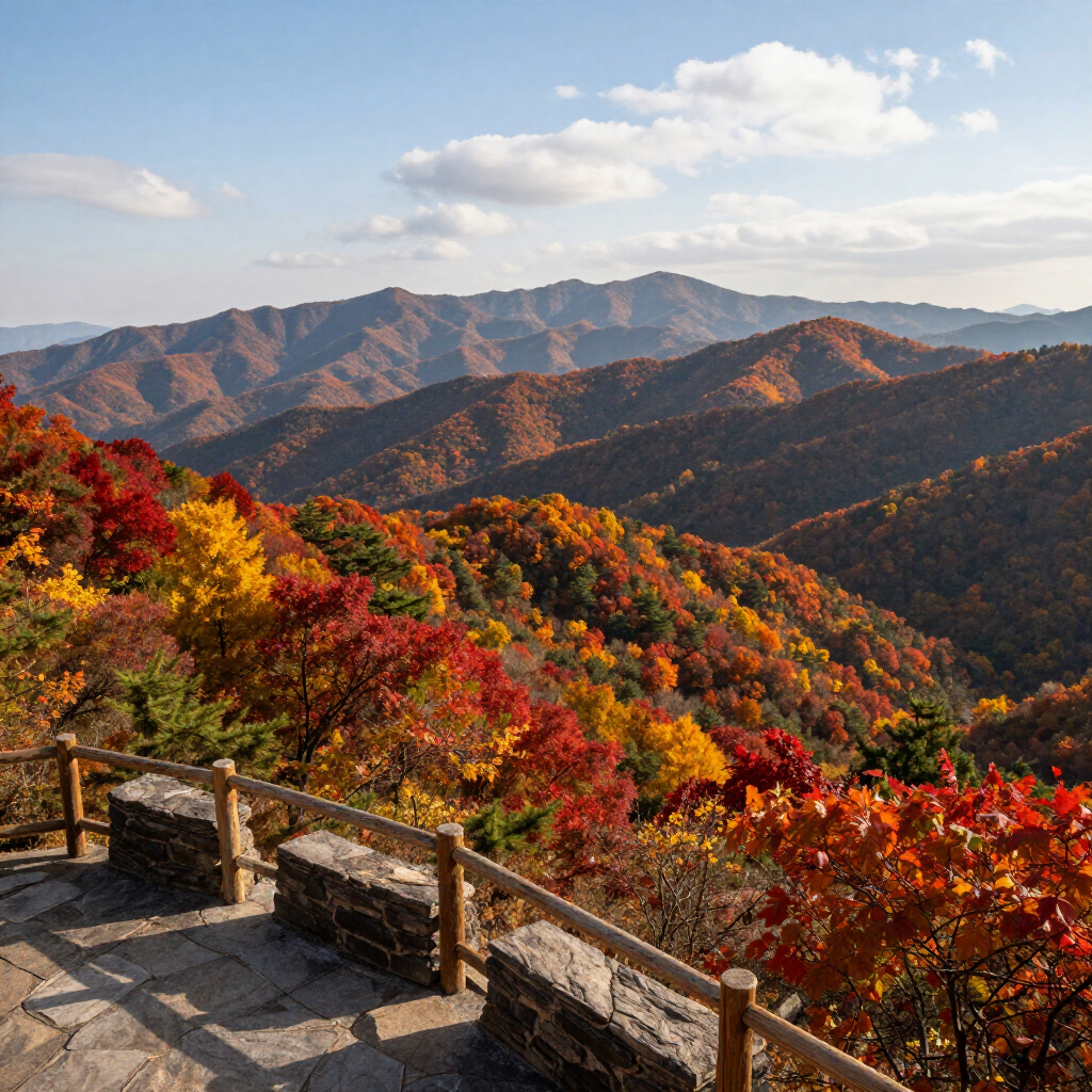 Scenic overlook with autumn-colored mountains under a partly cloudy sky