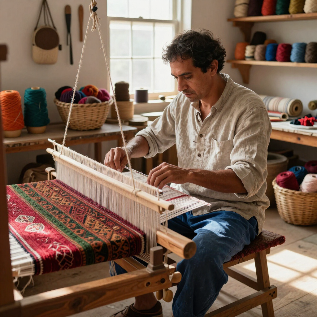 Weaver working at a loom in a yarn-filled studio with a red patterned textile.