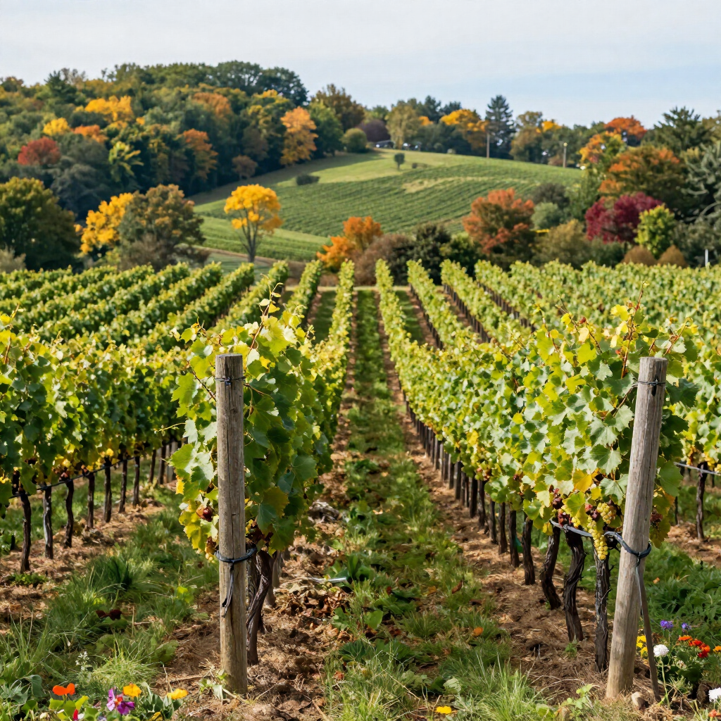 Vineyard rows on a sunny hillside with autumn-colored trees in the background