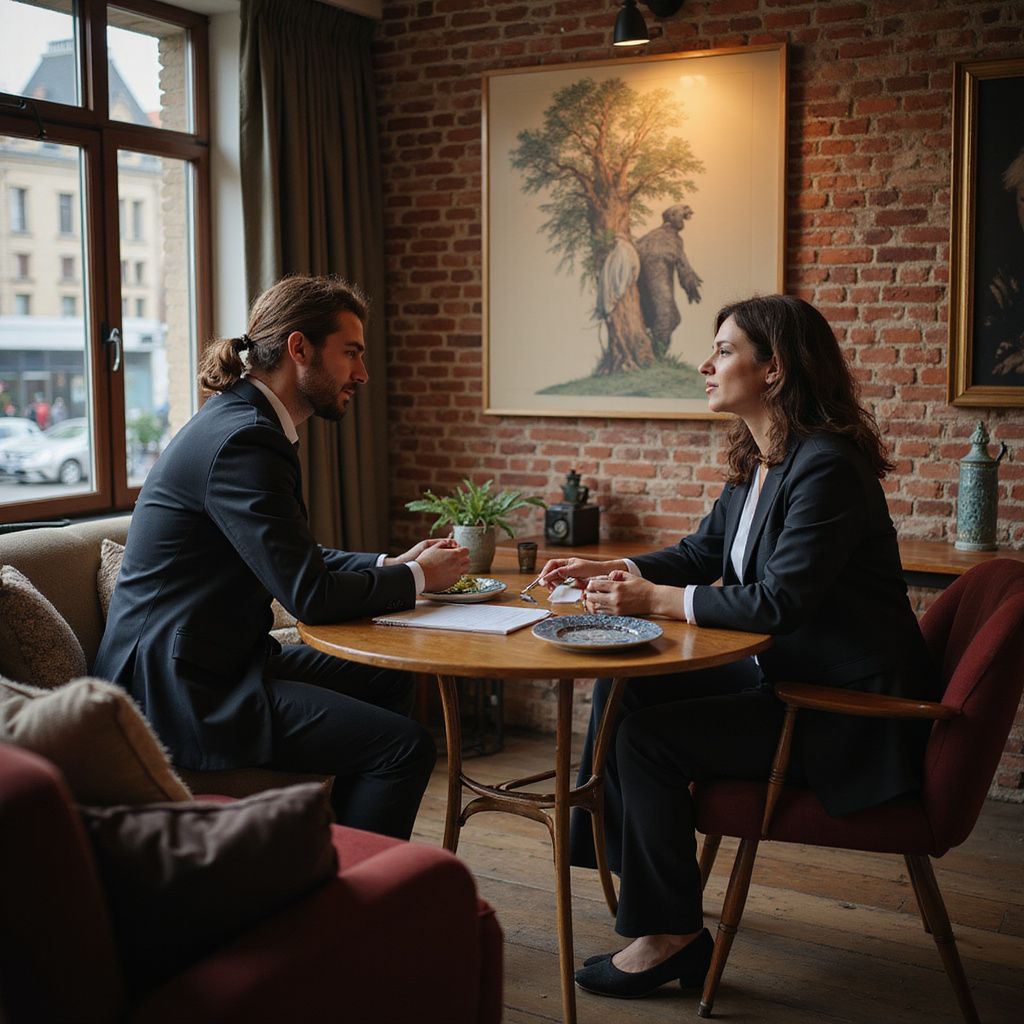 Two people talking at a small cafe table by a window, with brick walls and warm lighting.