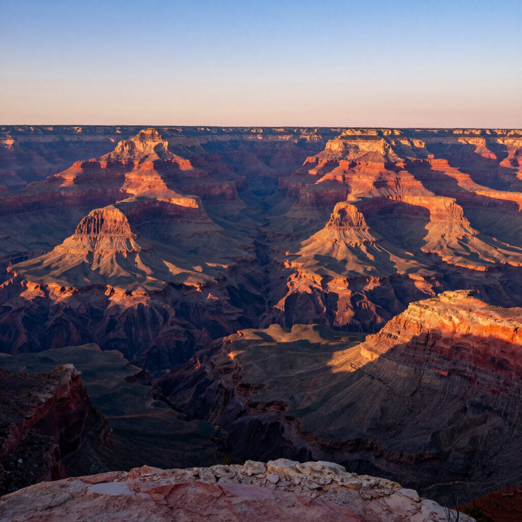 Sunlit Grand Canyon cliffs and layered rock formations at dawn under a clear sky