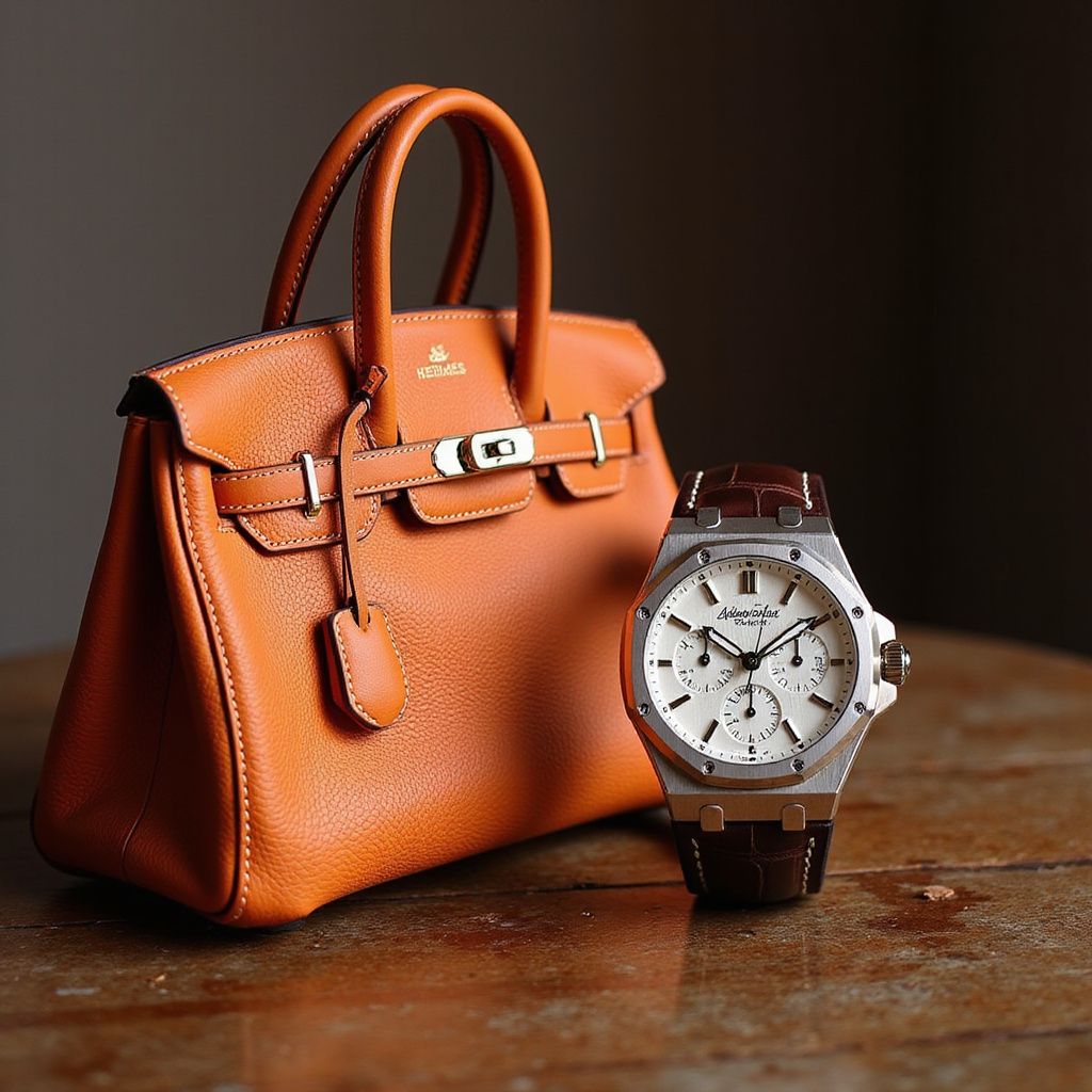 Orange leather handbag beside a silver wristwatch on a wooden table