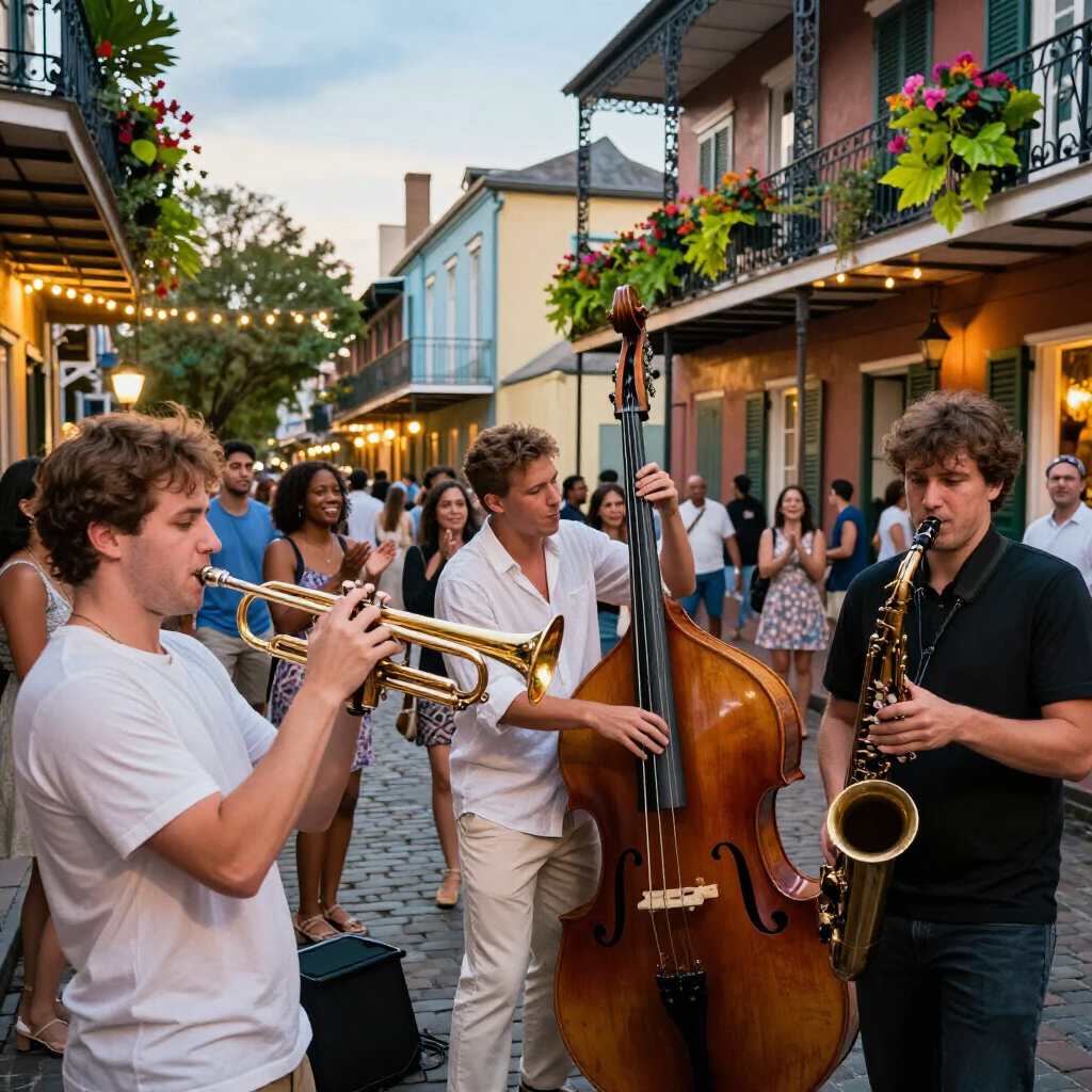 Street musicians performing in a lively outdoor café lane at dusk, with trumpet, bass, and saxophone.