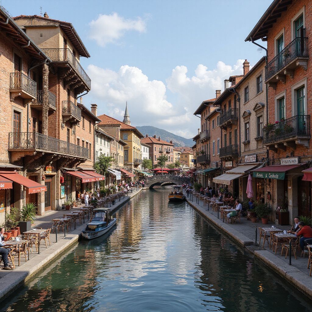 Canal lined with colorful buildings and outdoor cafes under a sunny blue sky