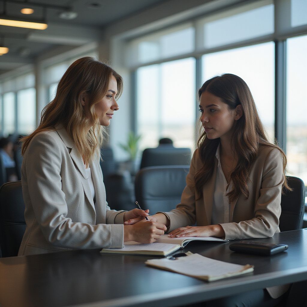 Two colleagues discuss documents at a conference table in a bright office.