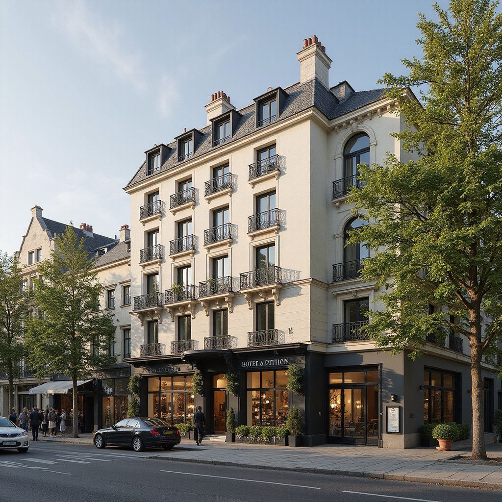 Elegant multi-story hotel with balconies and ground-floor shops on a tree-lined city street