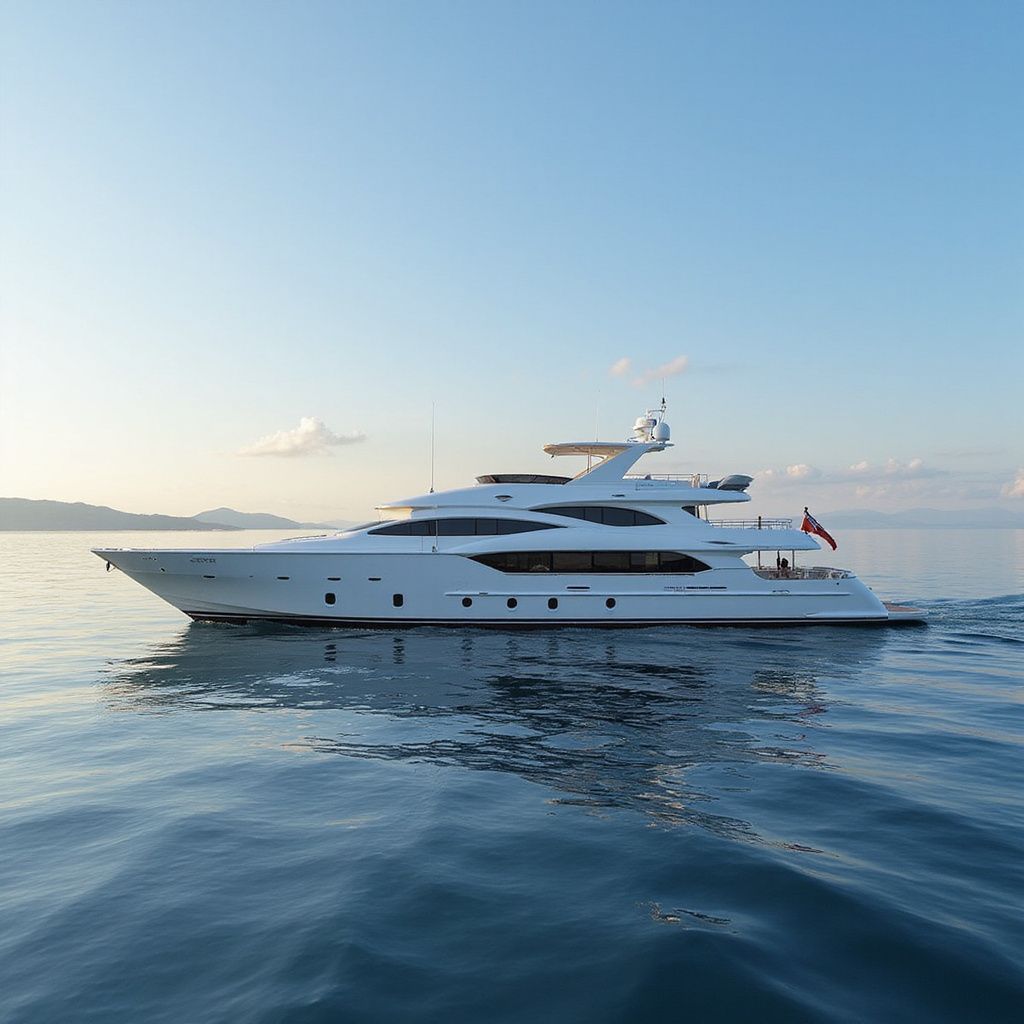 White luxury yacht on calm blue water at sunset with a clear sky