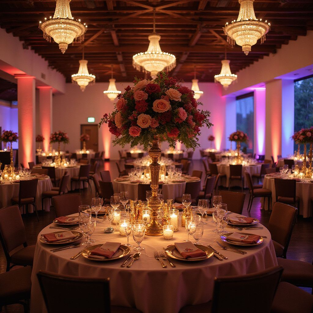 Elegant banquet hall with round candlelit tables, floral centerpieces, and chandeliers glowing in pink and purple light
