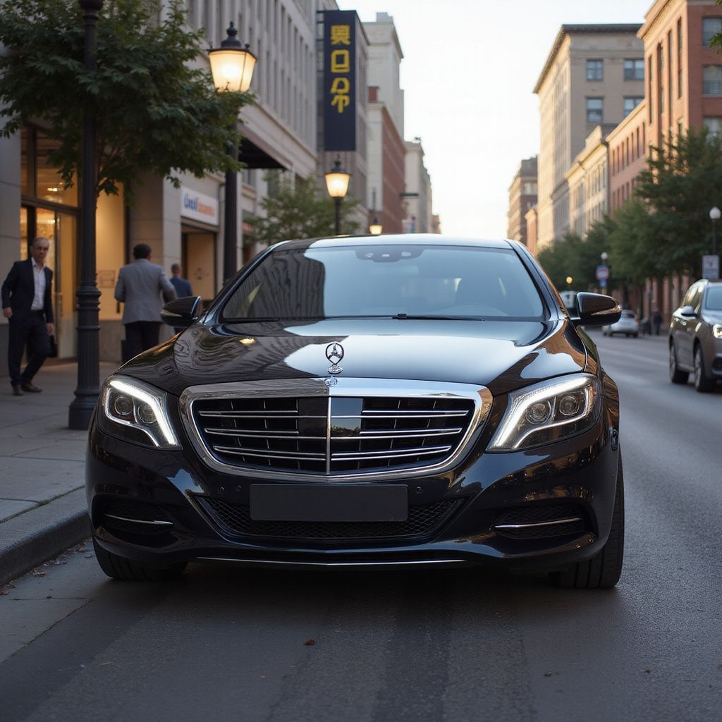 Black Mercedes sedan driving down a city street lined with storefronts and pedestrians at dusk