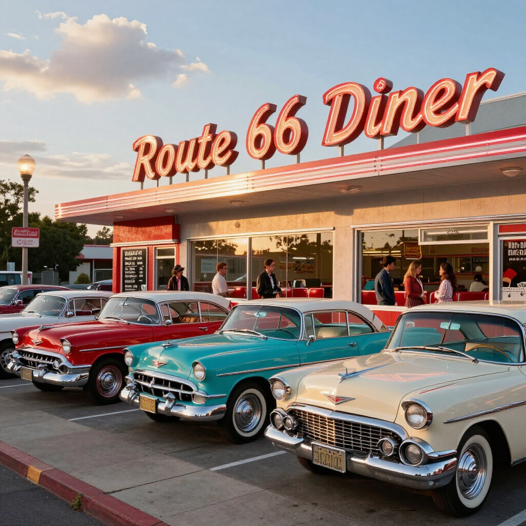 Classic cars parked outside a Route 66 Diner at sunset