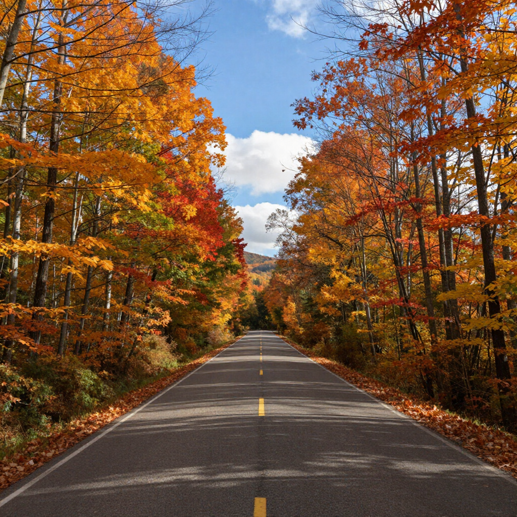 Autumn trees lining a quiet road beneath a bright sky