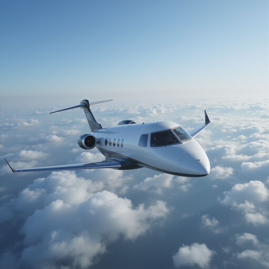 Private jet flying above clouds in a clear blue sky