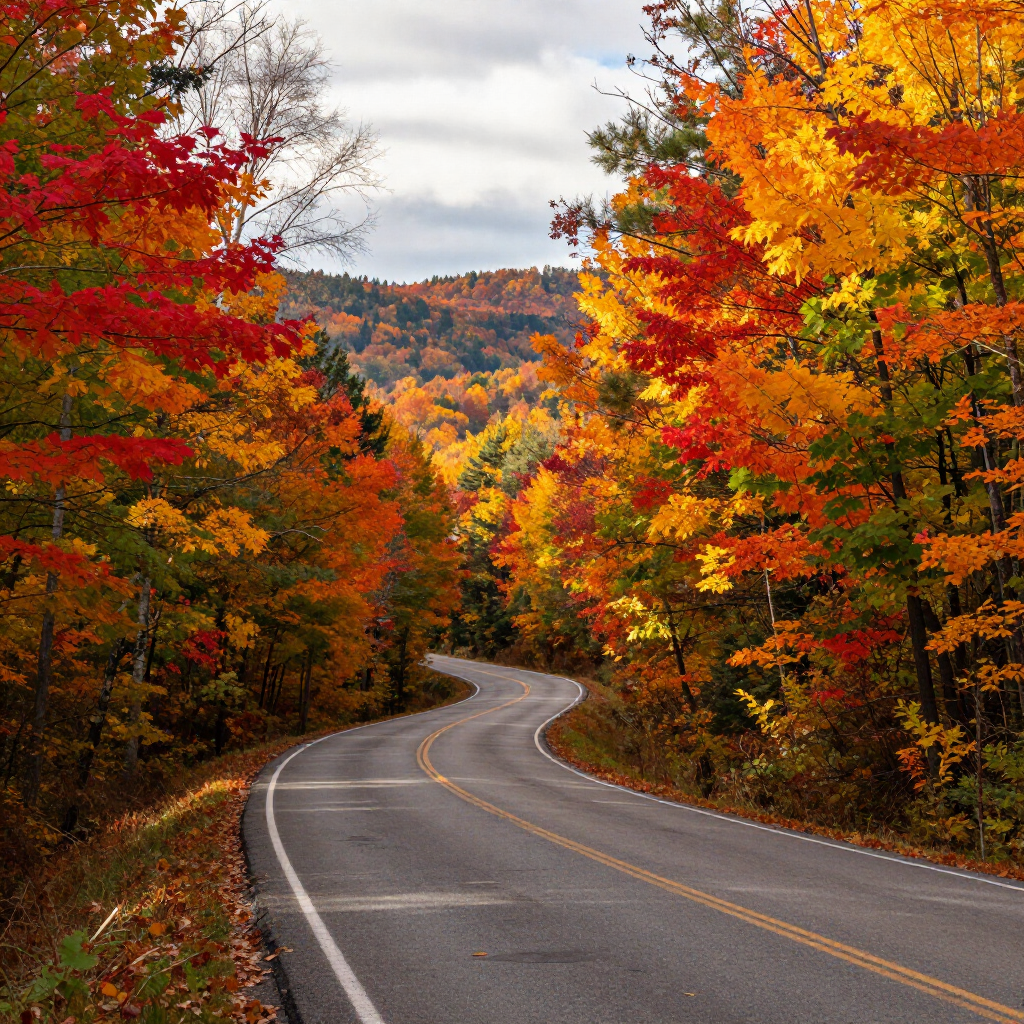 Winding road through a forest of vivid red, orange, and yellow autumn trees