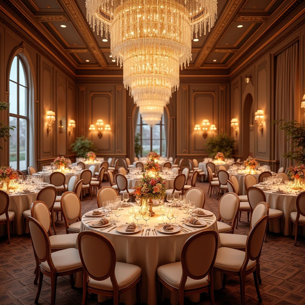 Elegant banquet hall with round tables, chandeliers, and warm lighting