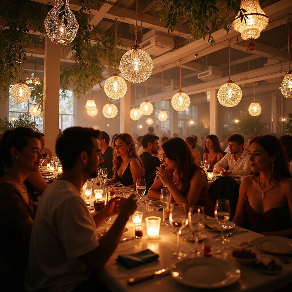 Dimly lit candlelit dinner party with hanging globe lights and guests talking at a long table.
