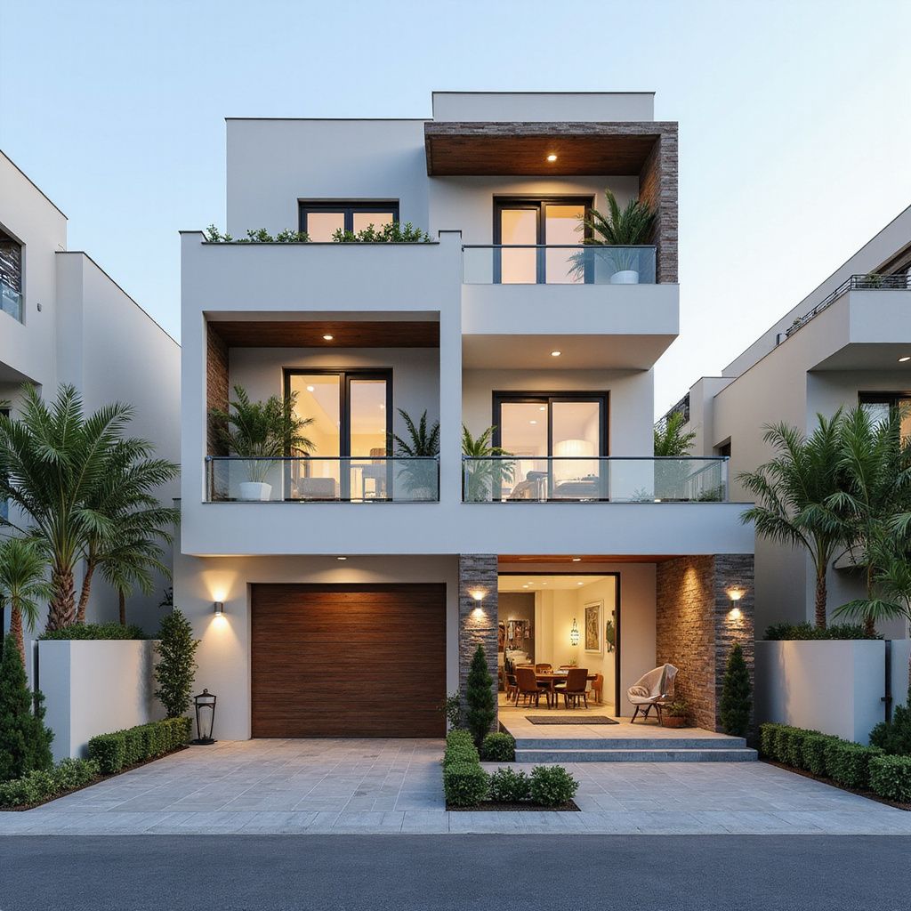 Modern three-story white house with balconies, warm lights, and a garage at dusk