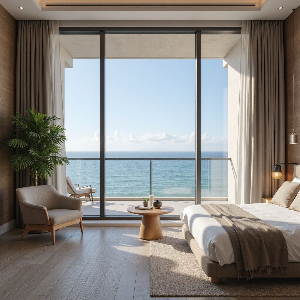 Modern bedroom with floor-to-ceiling windows overlooking a calm ocean and balcony seating