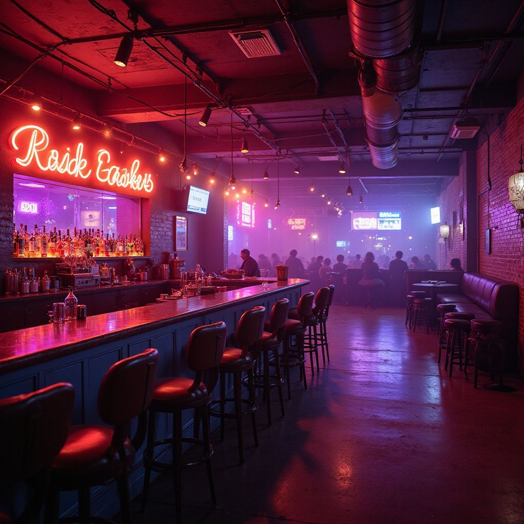 Neon-lit bar interior with red and purple lighting, stools, and patrons in a dim lounge.