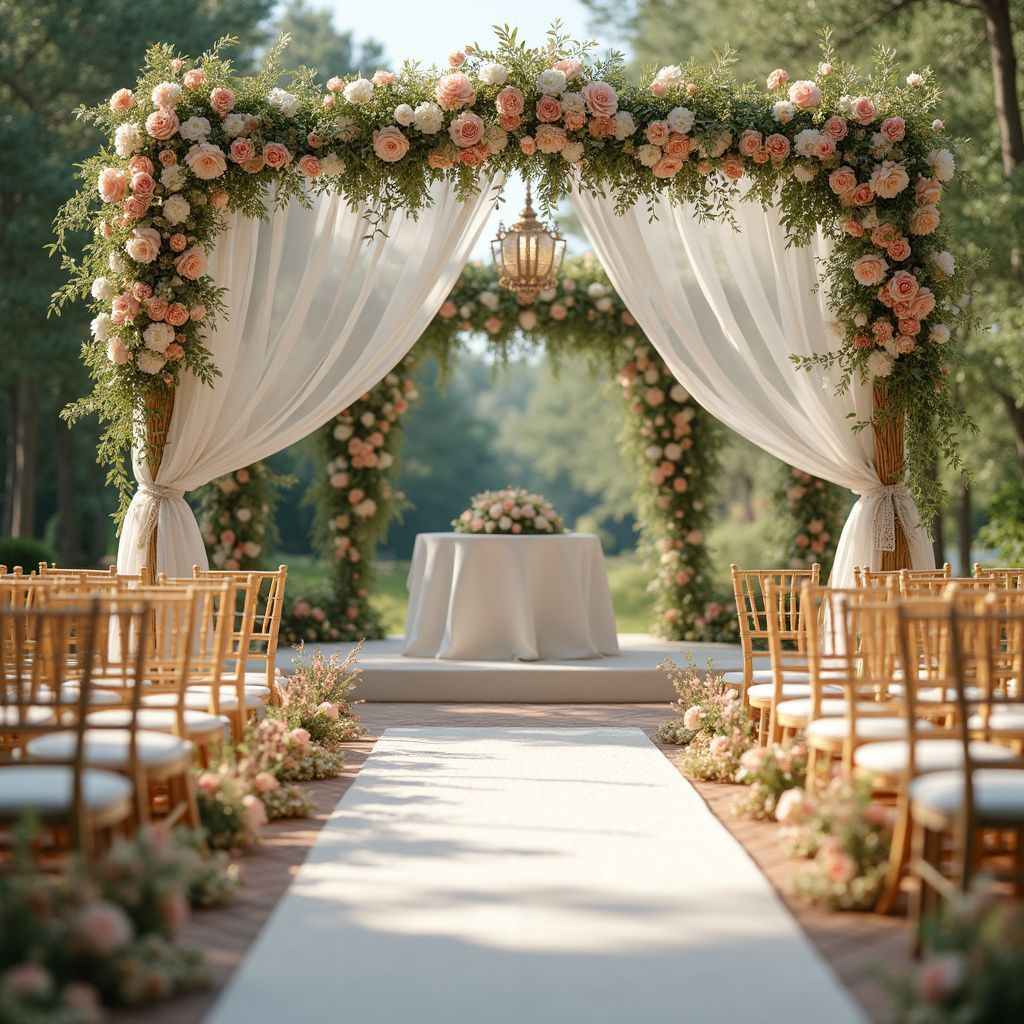 Floral wedding arch with white drapes and aisle chairs in a garden ceremony setting