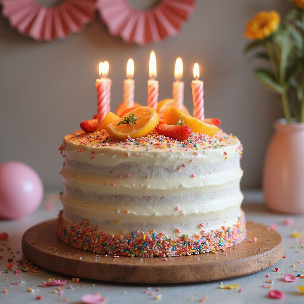 White frosted birthday cake with candles, oranges, sprinkles, and pink party decor