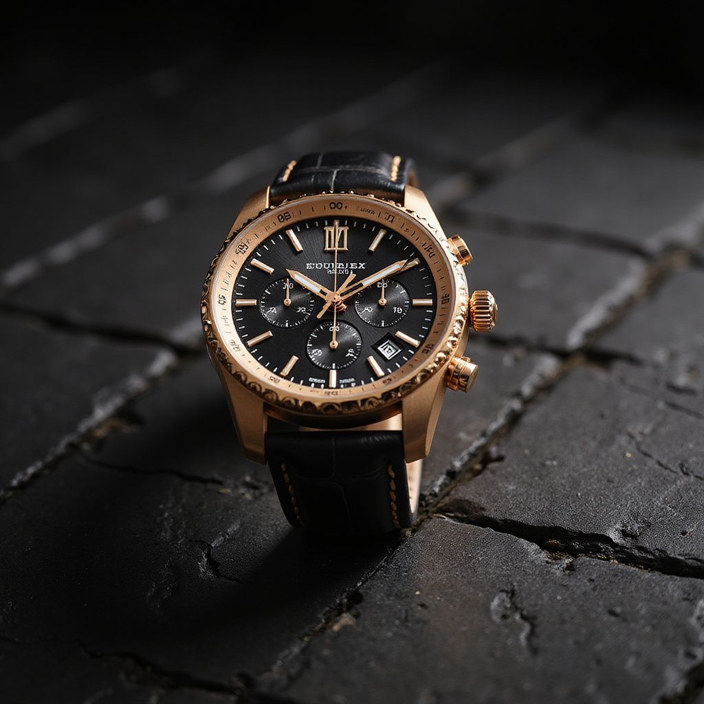 Luxury rose gold wristwatch with black dial and leather strap on dark stone surface