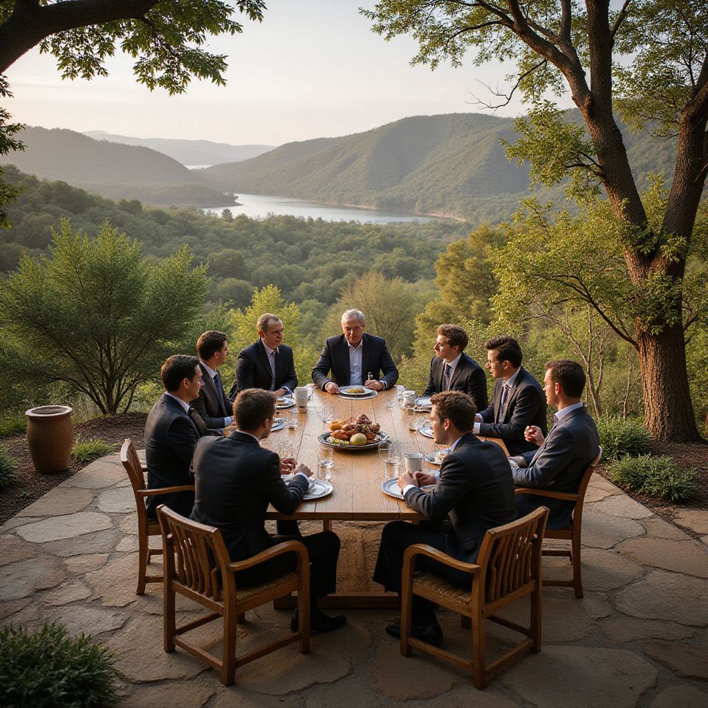 Small group meeting at a round outdoor table on a terrace overlooking a lake and mountains at sunset