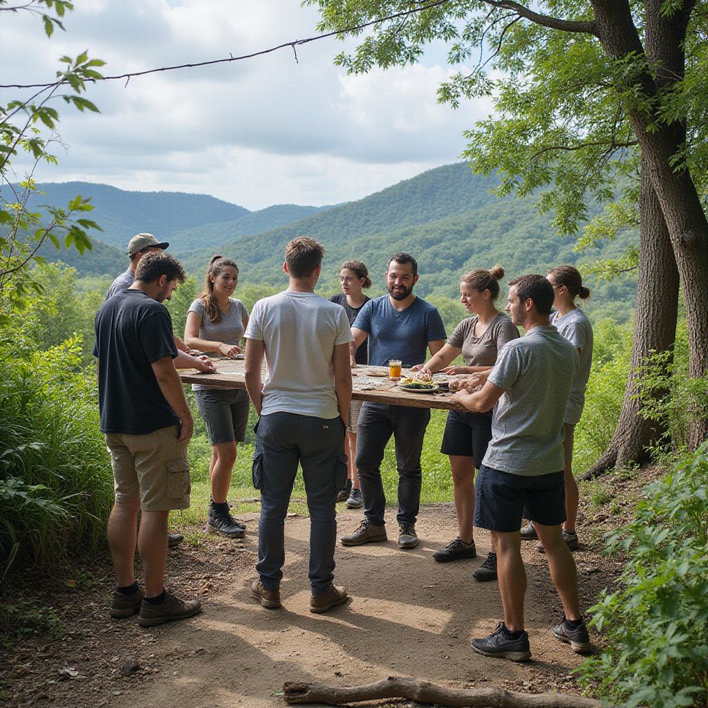 Group of hikers sharing food at a picnic table on a forest trail with mountain views.
