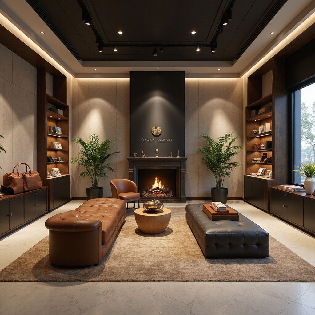 Modern luxury living room with fireplace, leather seating, plants, and warm ambient lighting