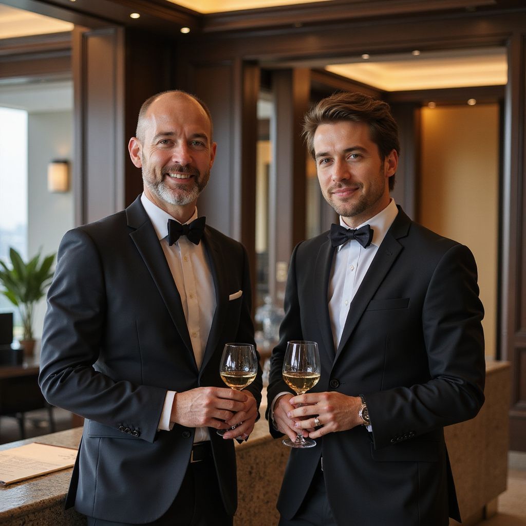 Two men in black tuxedos holding wine glasses in a formal hotel lobby
