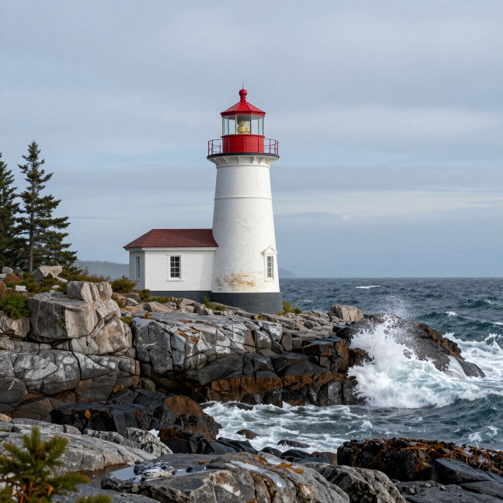 White lighthouse with red roof on rocky coast, waves crashing against shore under a cloudy sky