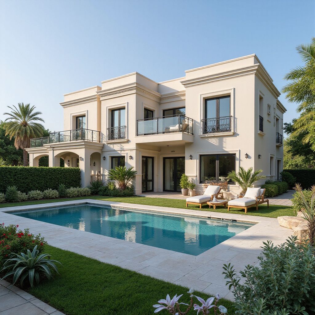 Luxury beige villa with a turquoise pool, manicured lawn, and patio seating under a clear blue sky