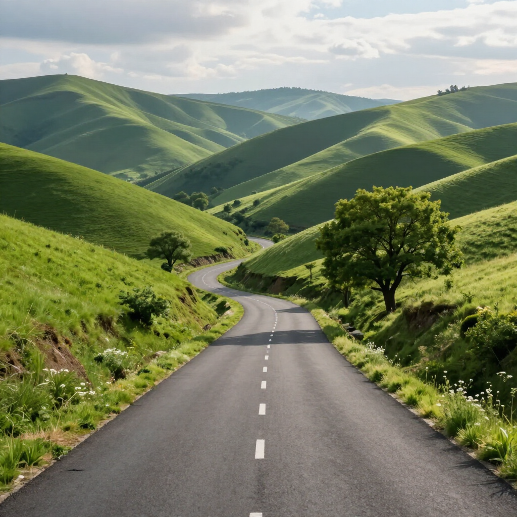 Winding road through lush green rolling hills under a bright sky