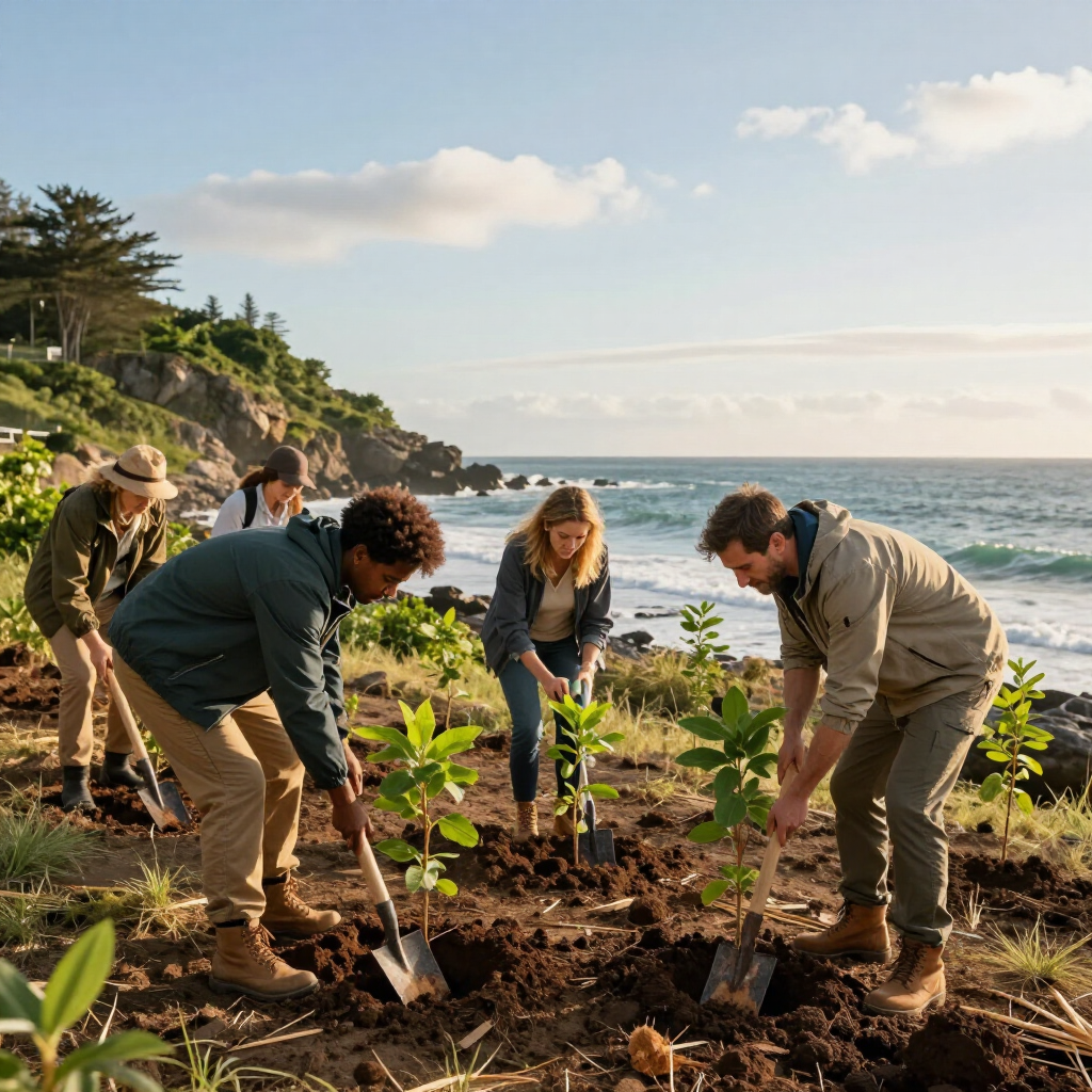 Volunteers planting seedlings in a coastal garden beside the ocean on a sunny day