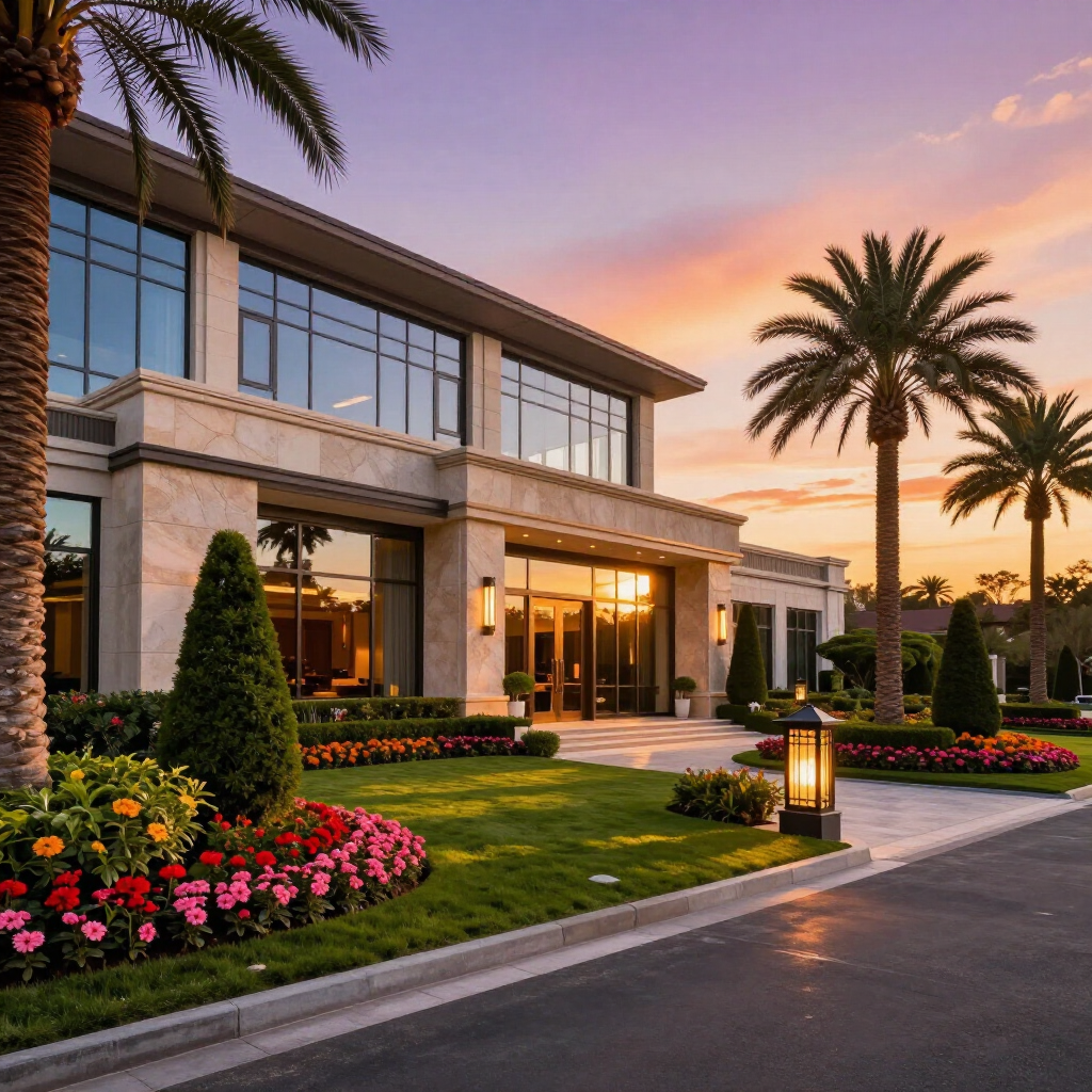 Luxury modern mansion at sunset with palm trees, manicured lawn, and colorful flower beds at the entrance