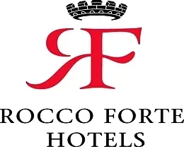 Rocco Forte Hotels logo with red intertwined R and F and black crown above text