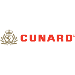 Cunard logo with gold crest and red wordmark on white background
