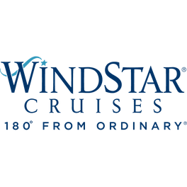 Windstar Cruises logo with blue text and “180° from ordinary” tagline