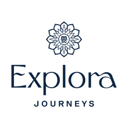 Explora Journeys logo in dark blue with a floral emblem above the wordmark on a white background