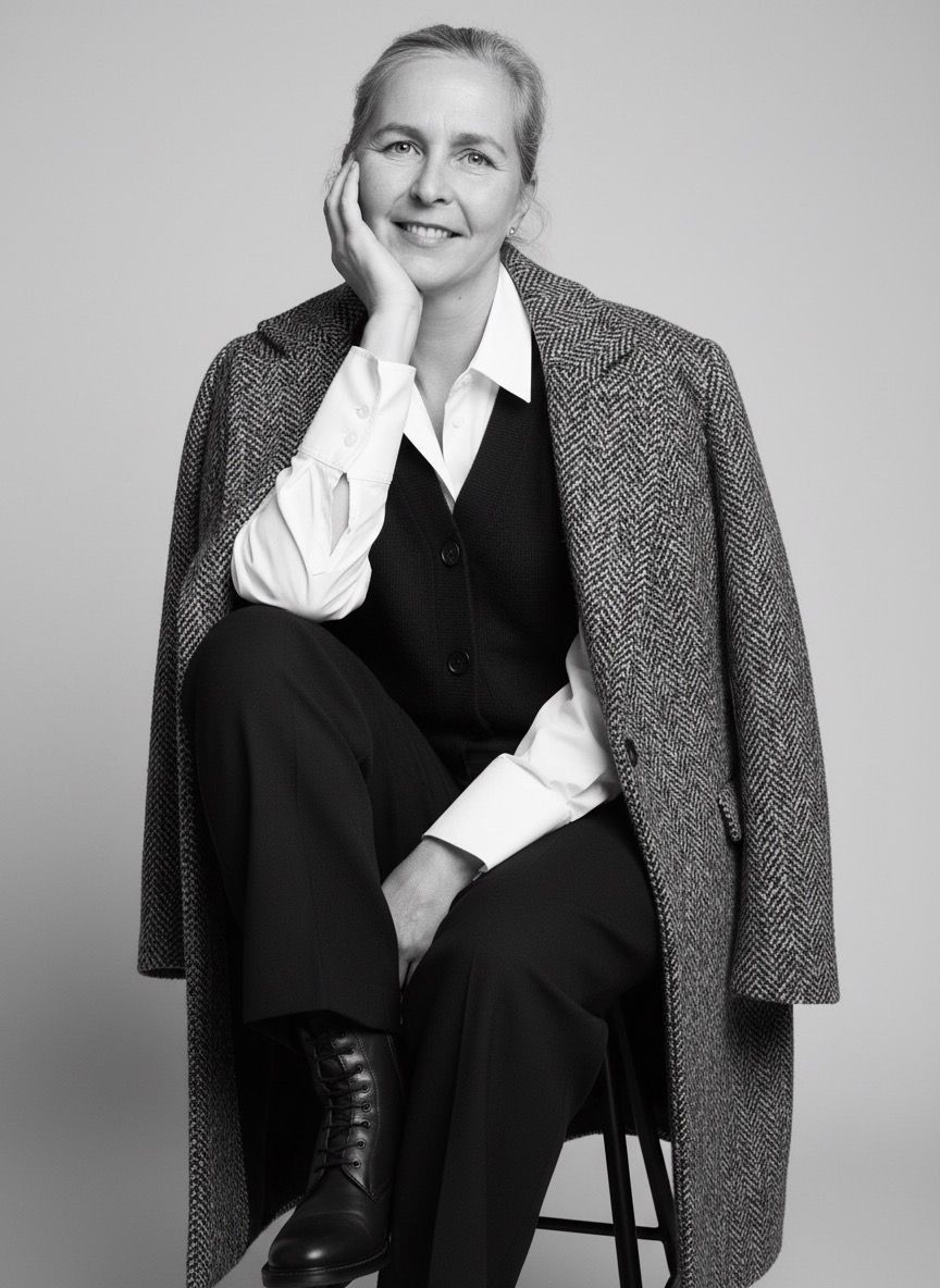 Person seated on a stool in a patterned coat, white shirt, and boots, smiling against a plain backdrop
